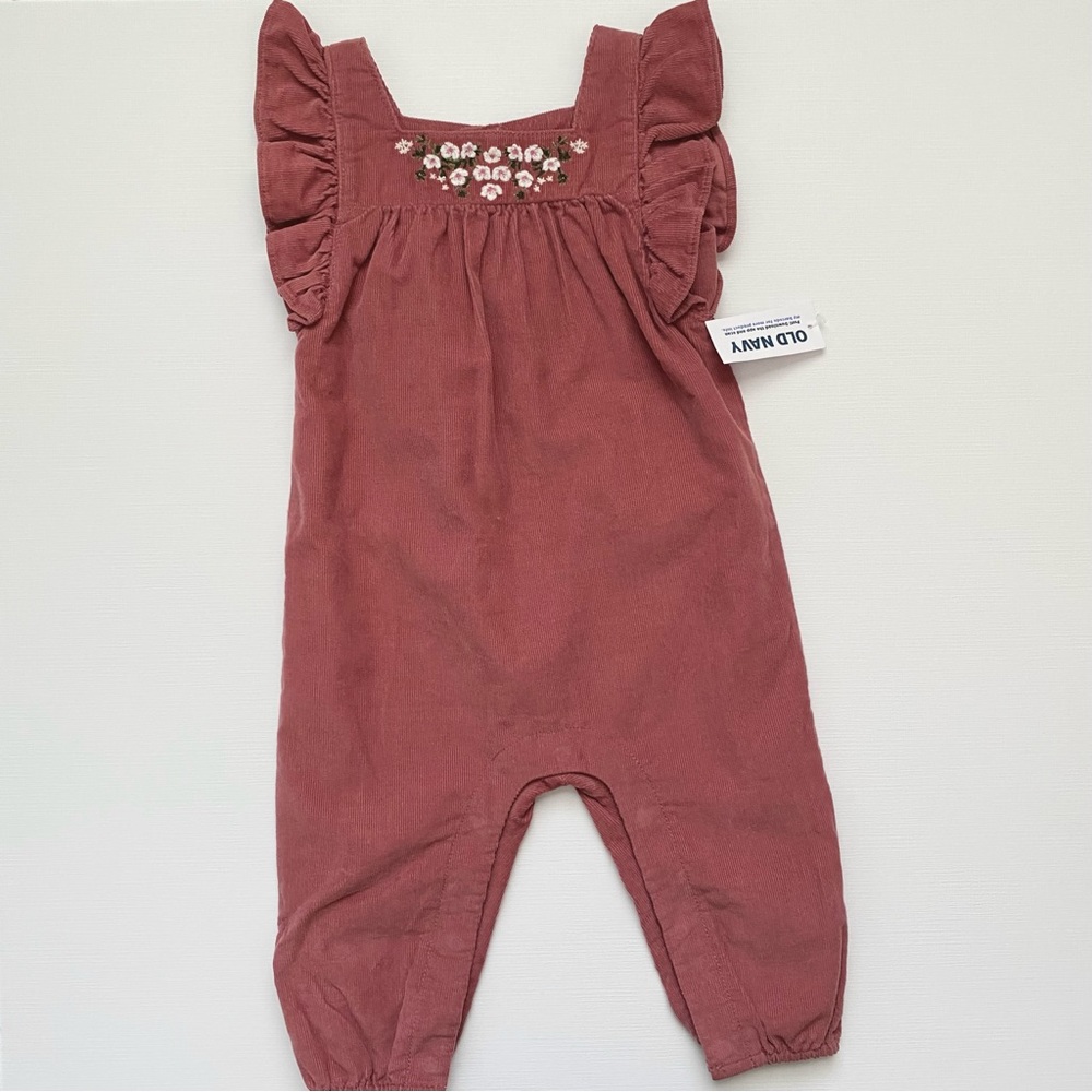 NWT Old Navy Embroidered Baby Girl Ruffle-trim Corduroy One-Piece Jumper